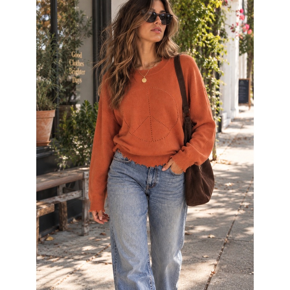 27 Miles 100% Cashmere Orange Peace Sign Distressed Sweater M Indie Sleaze Boho